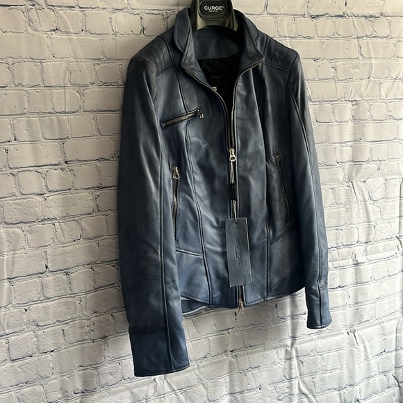 Italian Womans Blue Leather‎ Zip Up Jacket Made by CURGÈ size LG EU 46 NWT W7 - Picture 7 of 8
